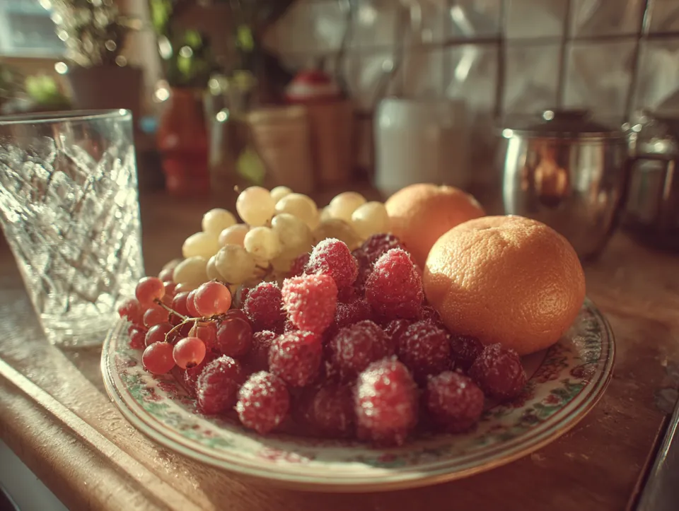 Fruit platter with raspberries, grapes, and oranges on a plate