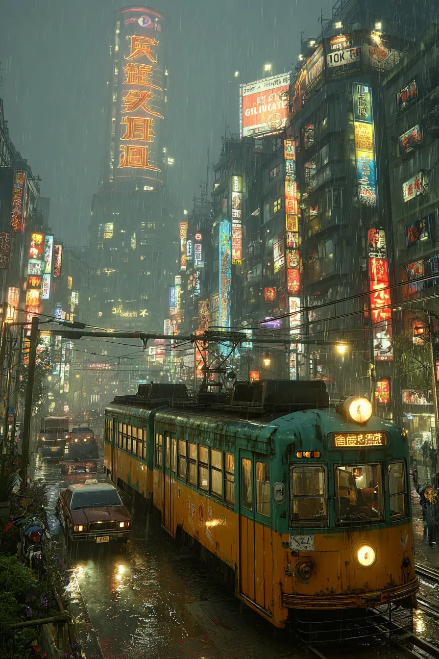 Escena de una calle urbana lluviosa con un tranvía y luces de neón