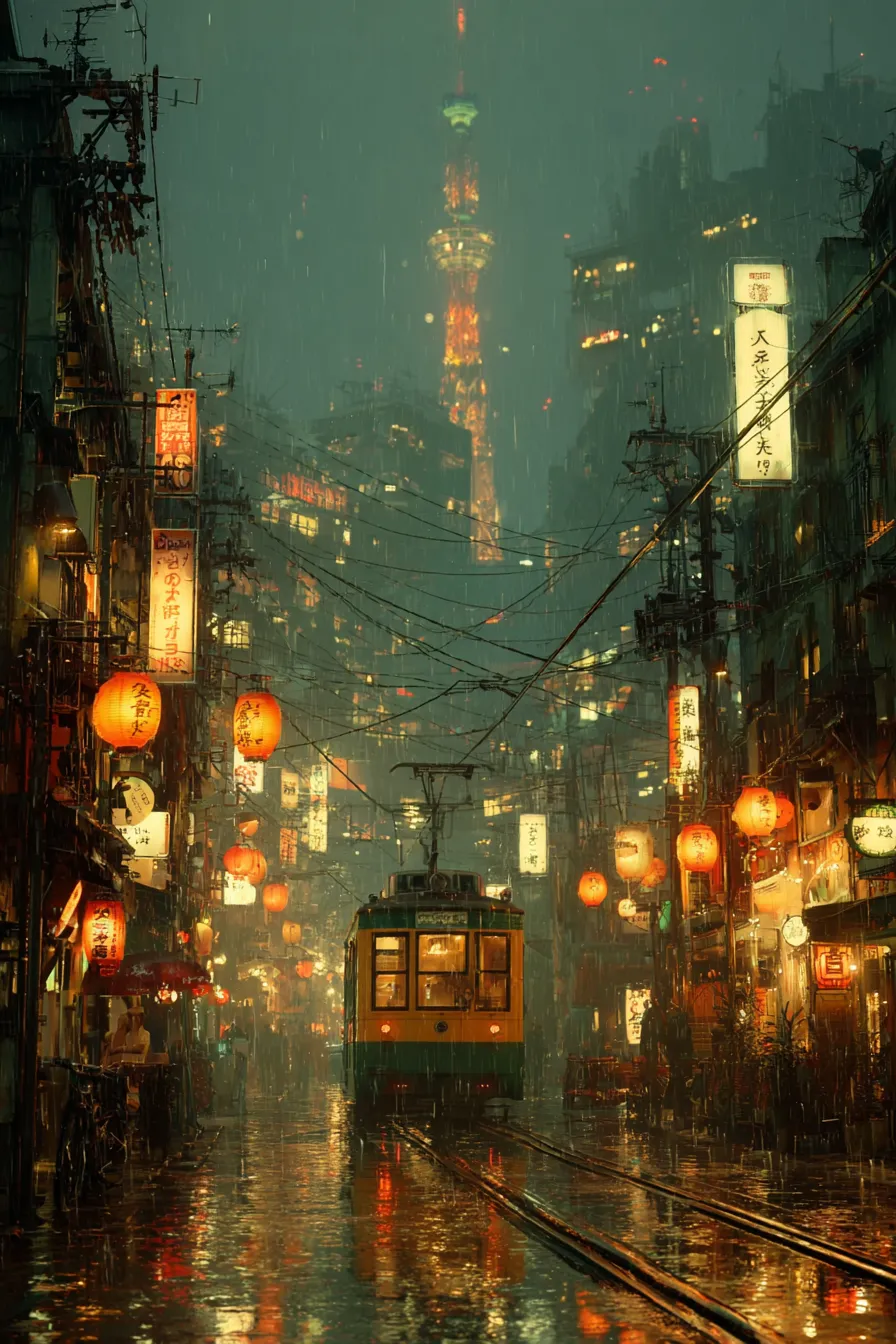 Tram on the streets of Tokyo, surrounded by bright neon lights in the rain