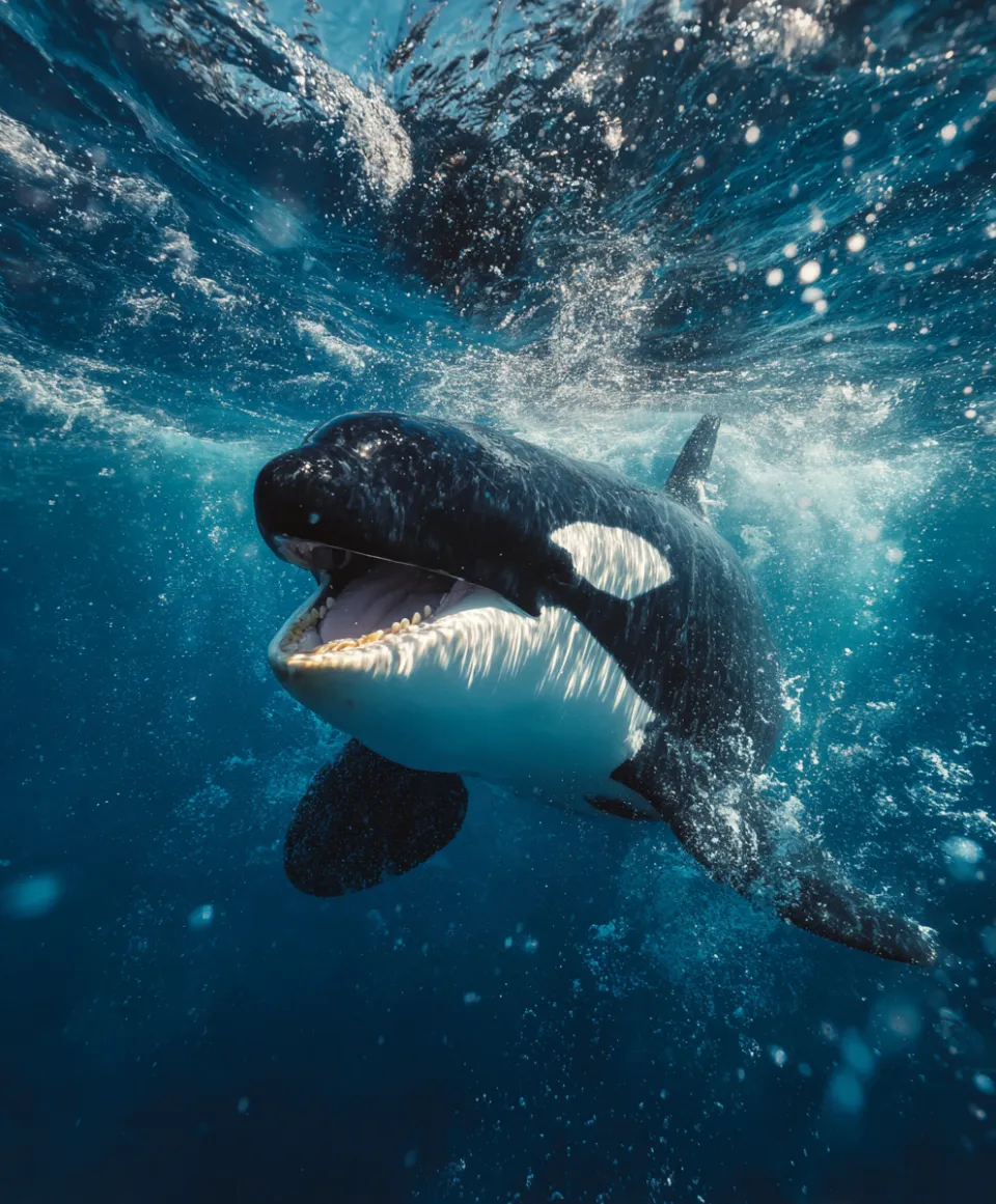 Orca emergiendo de las profundidades del océano con la boca abierta
