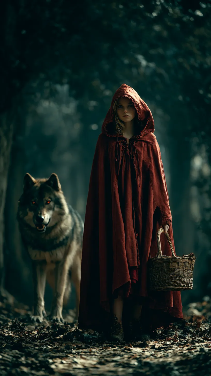 Girl with a basket and a wolf standing in the forest among trees