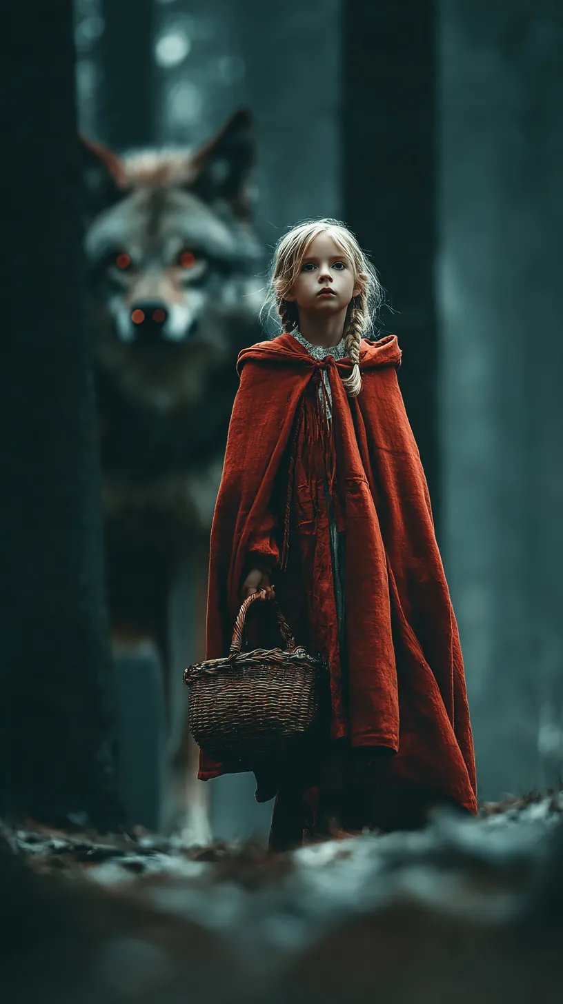 A little girl in a red cloak stands in the forest next to a wolf
