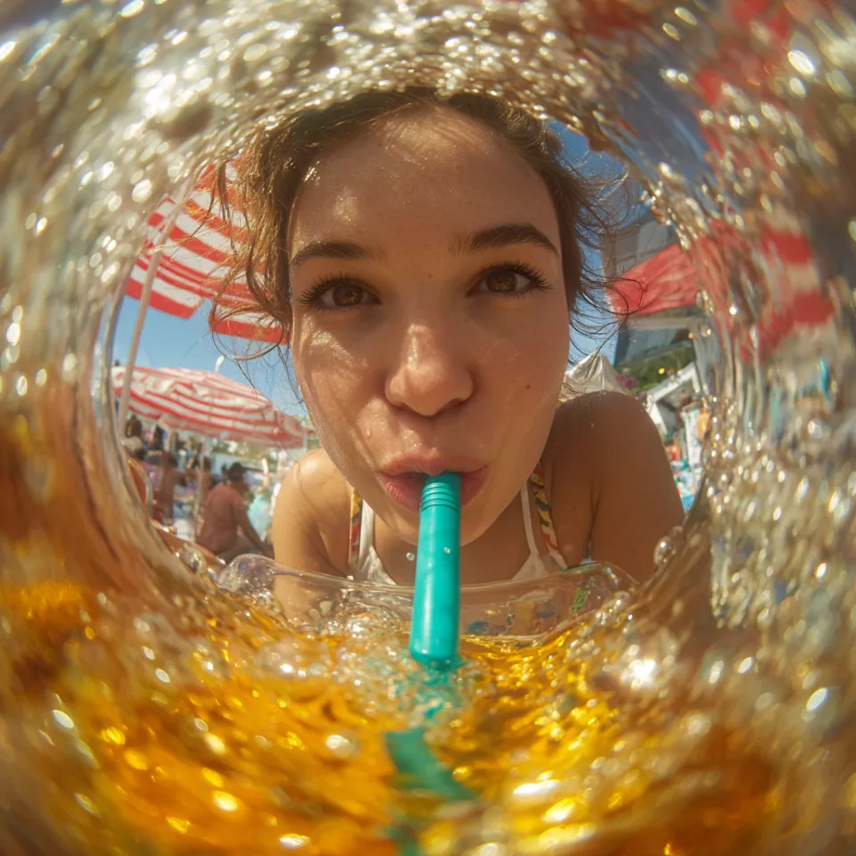 Portrait of a girl drinking a beverage through a straw with a cheerful mood