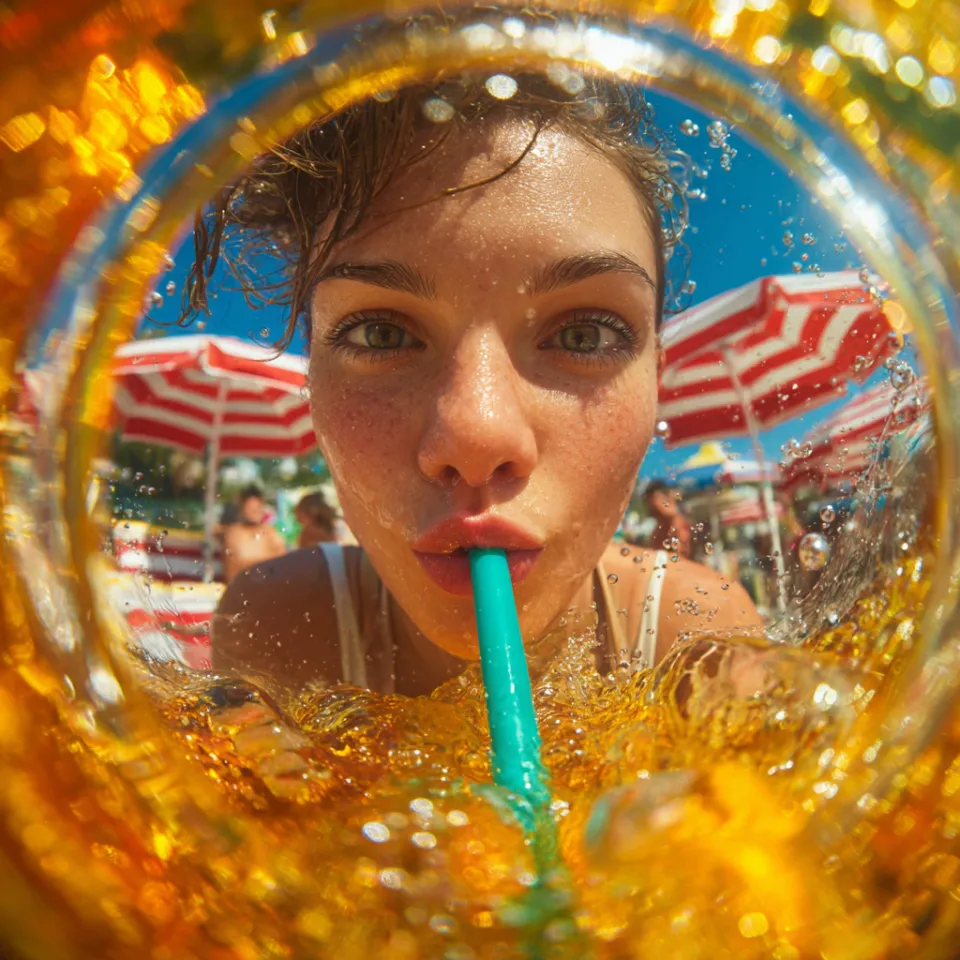 A girl drinking a cocktail through a straw on a sunny day