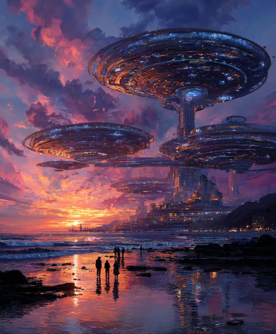 Panorama of a futuristic city with flying platforms at sunset