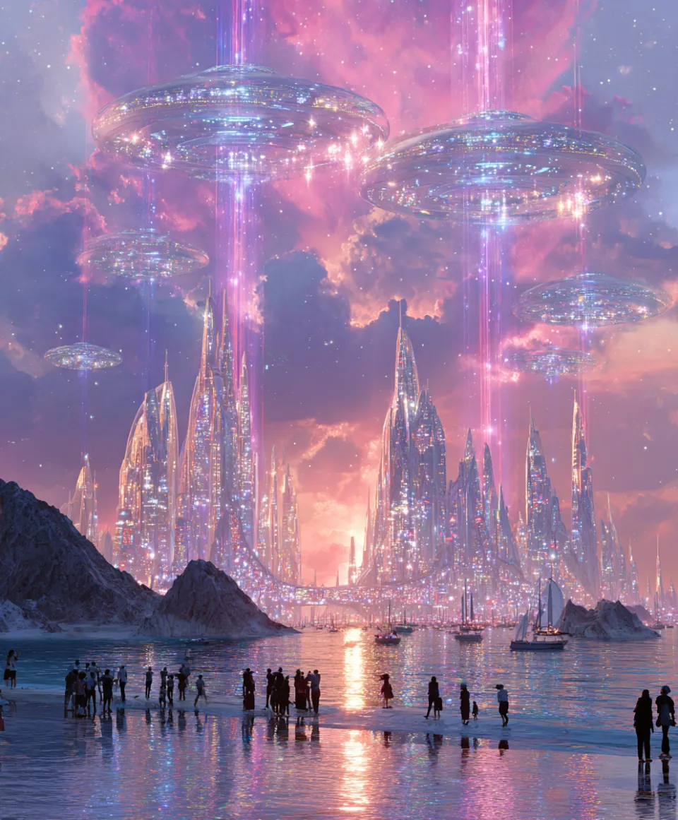 Imagen estética de una ciudad futurista con objetos voladores