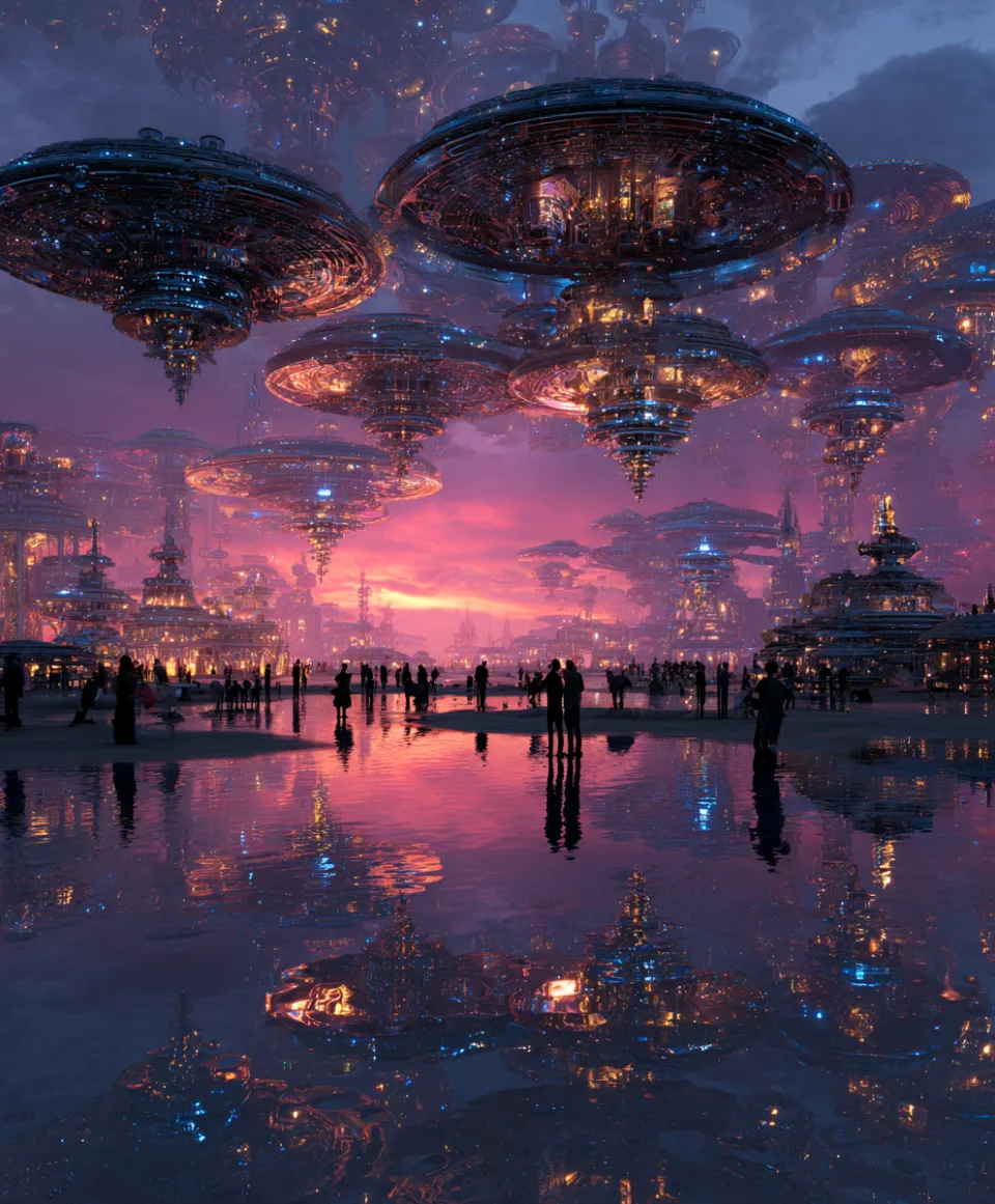 Futuristic cityscape with flying platforms against a sunset background