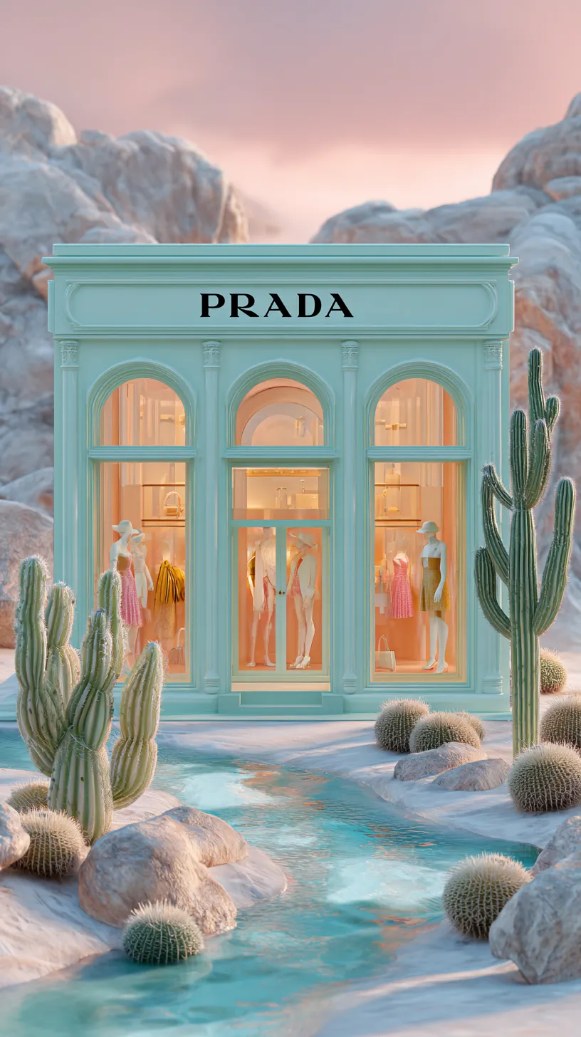 Fachada de la tienda Prada con maniquíes sobre un fondo de paisaje desértico