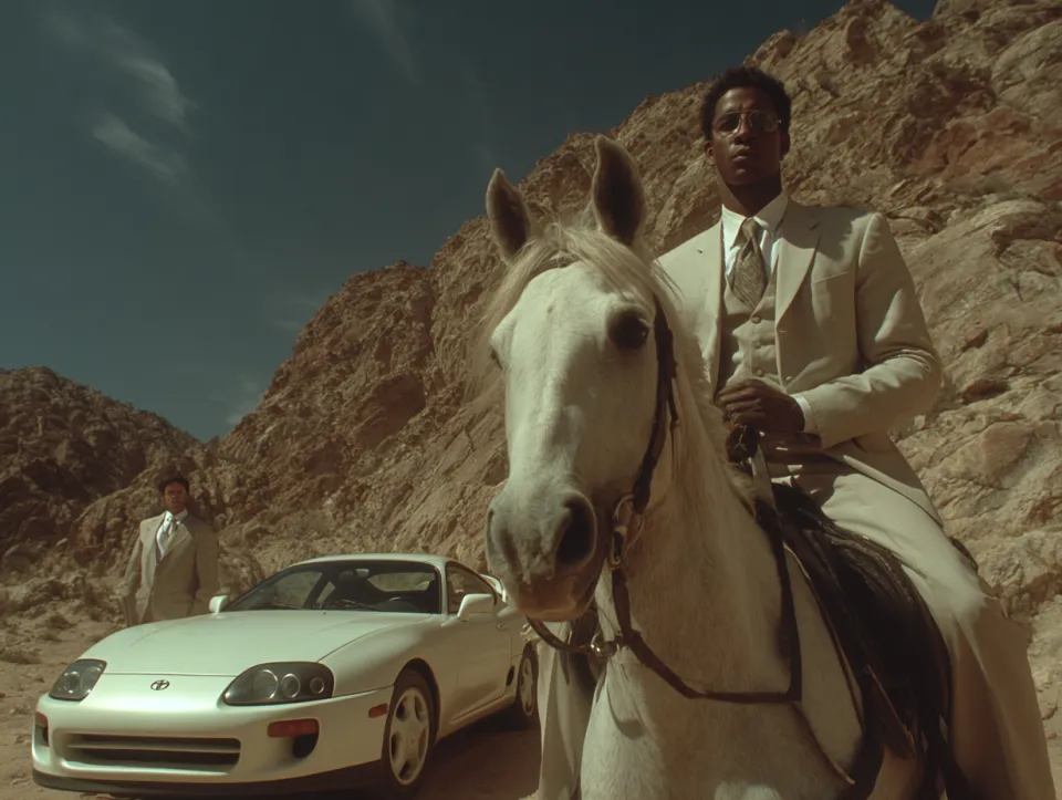 Hombre con traje montando un caballo blanco junto a un deportivo blanco