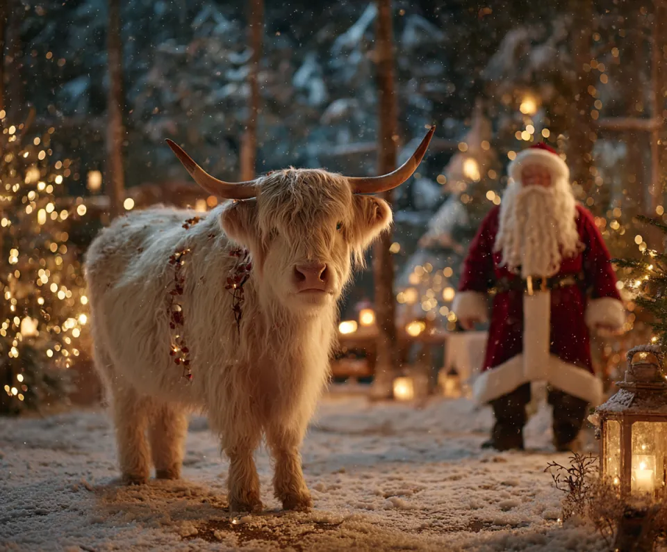 Escena de la celebración invernal con un novillo en guirnaldas y Papá Noel