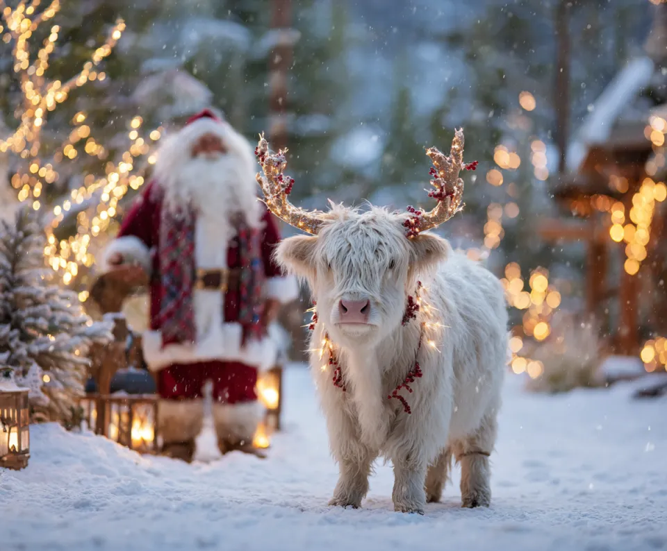 Escena navideña con Santa Claus y un ternerito blanco decorado en la nieve