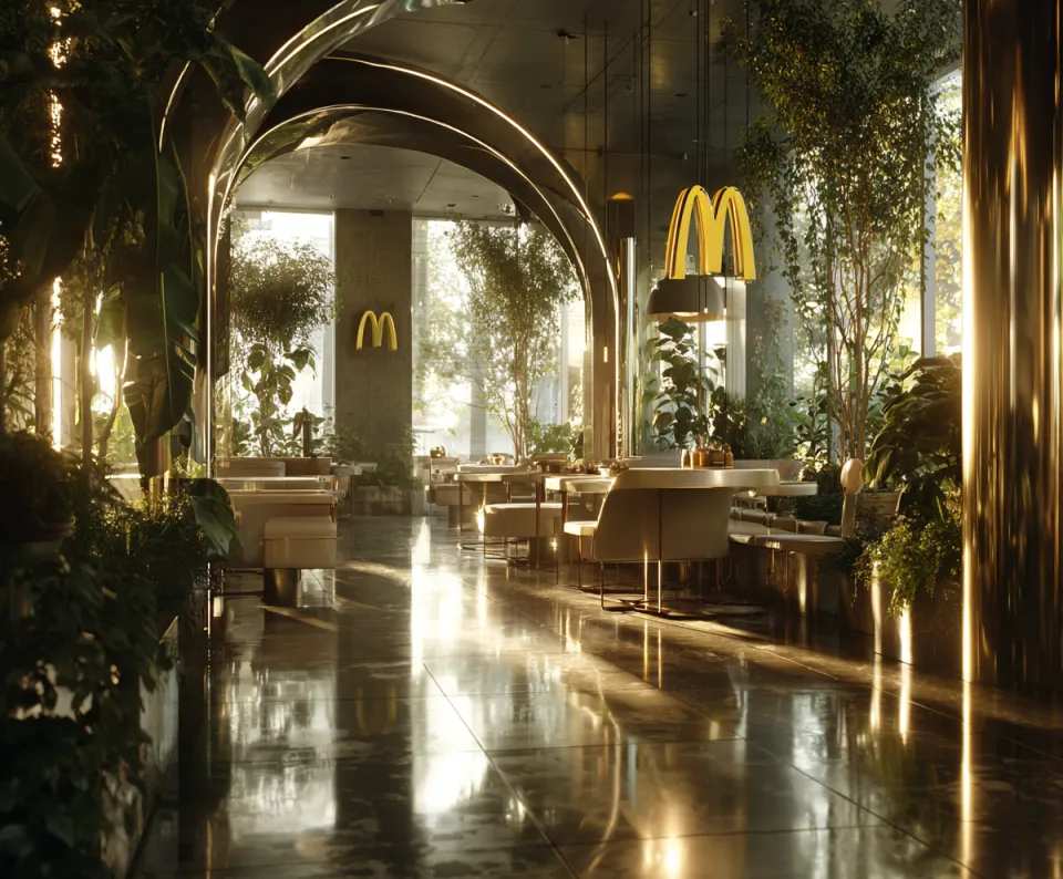 Elegante restaurante McDonald's con vegetación y iluminación brillante