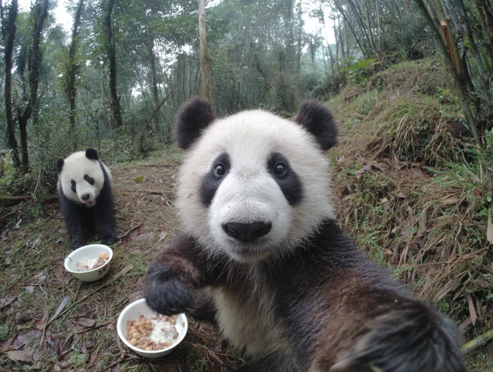Two pandas enjoying food in the forest among the trees