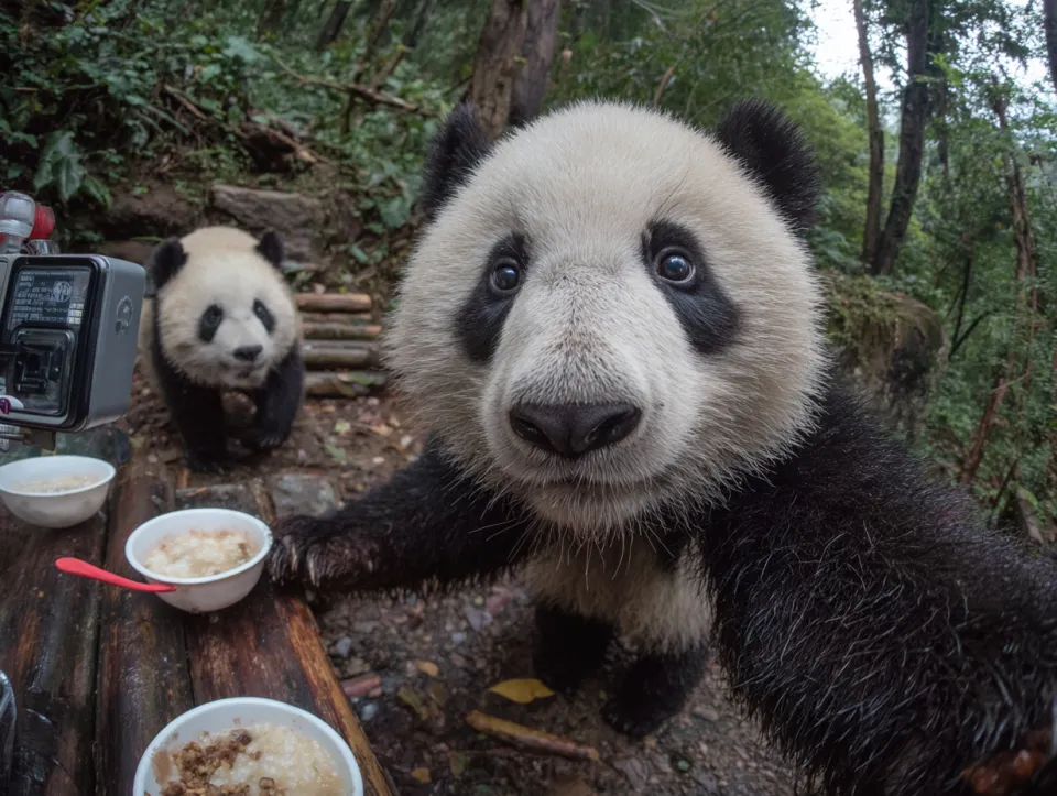 Dos pandas comen arroz con abundante vegetación de fondo