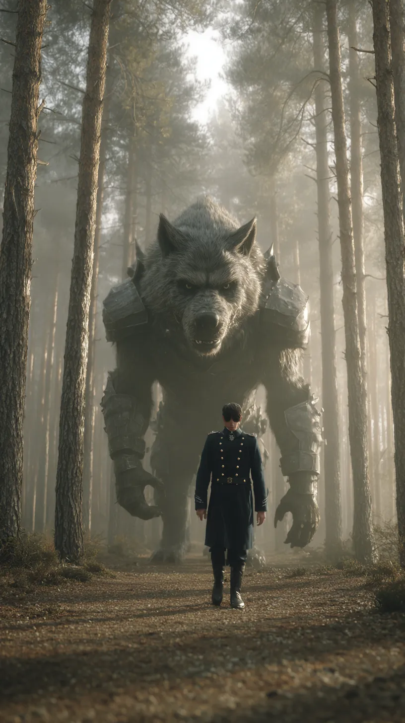 Scene with a giant wolf and a man in a dark forest