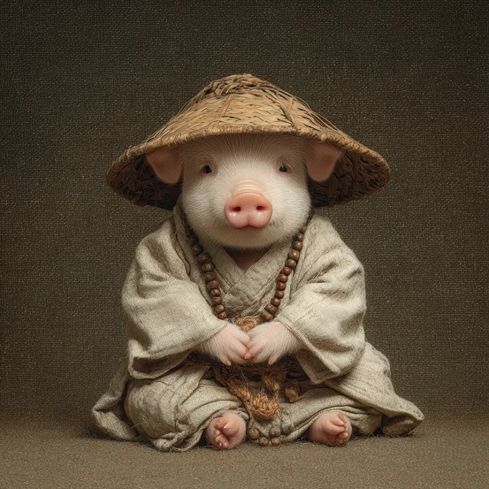 Charming pig in traditional attire with a hat and beads