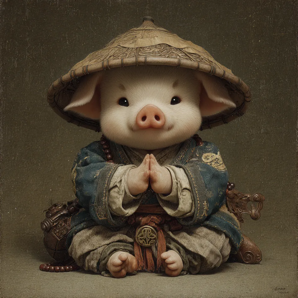 Charming piglet in traditional Eastern clothing with a hat