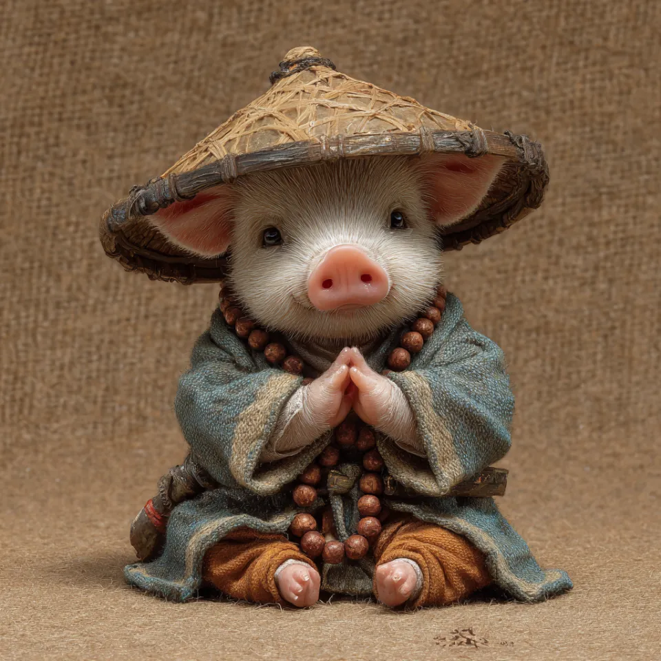 Imagen de un cerdo vestido con vestimenta oriental tradicional y un sombrero
