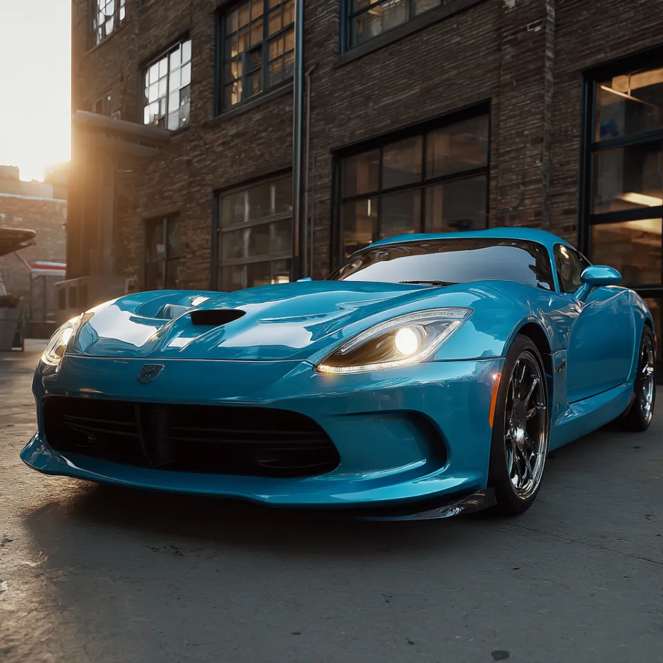 Reimagined sports car with a bright blue color in an urban setting