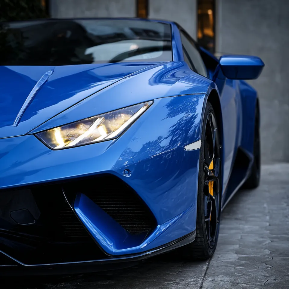 Primer plano de un elegante automóvil deportivo azul con detalles brillantes
