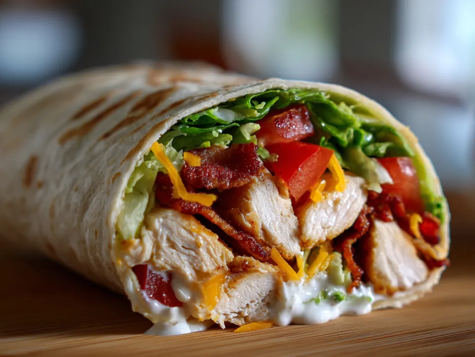 Burrito con pollo, ensalada, tomates y salsa sobre una tabla de madera