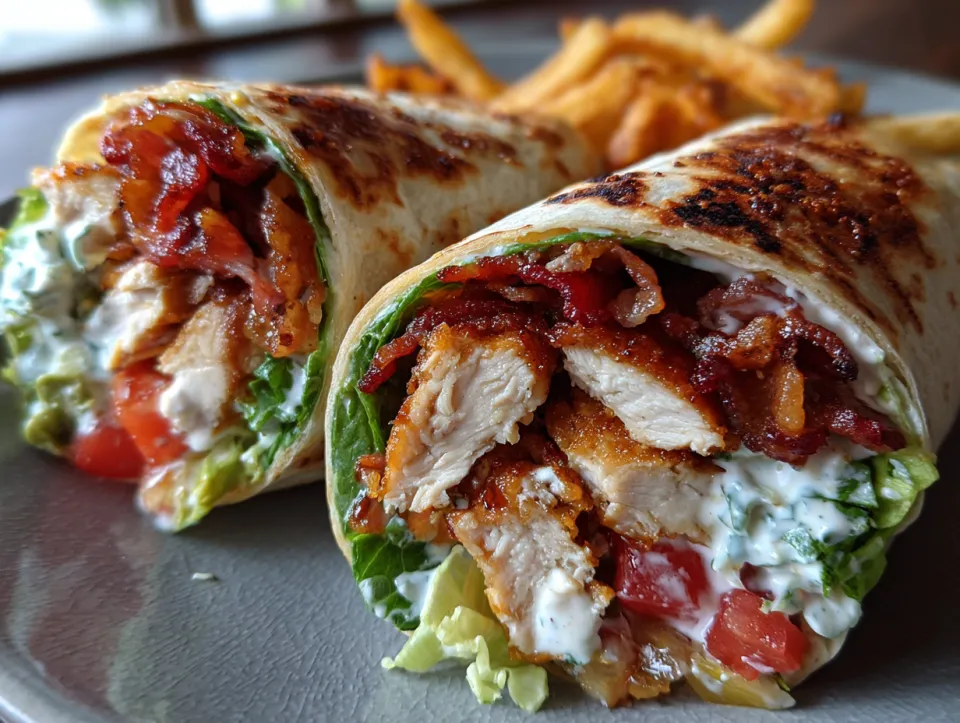Aperitivo de carne de pollo, tocino y verduras en un pan pita junto a papas fritas