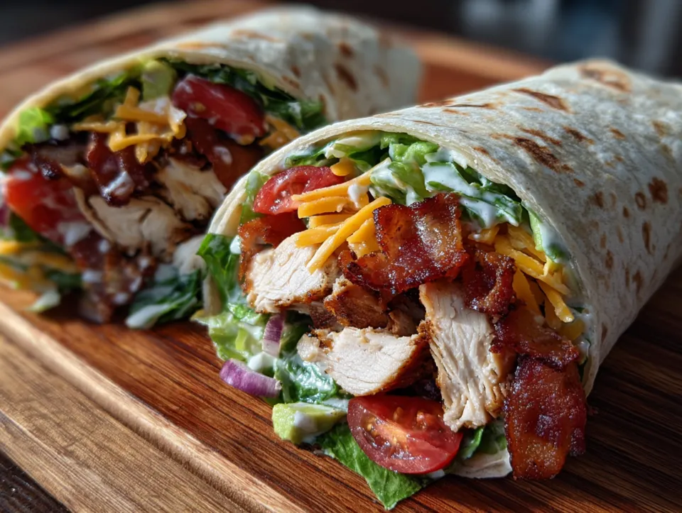 Burrito con pollo, tocino, queso y verduras frescas en tortilla