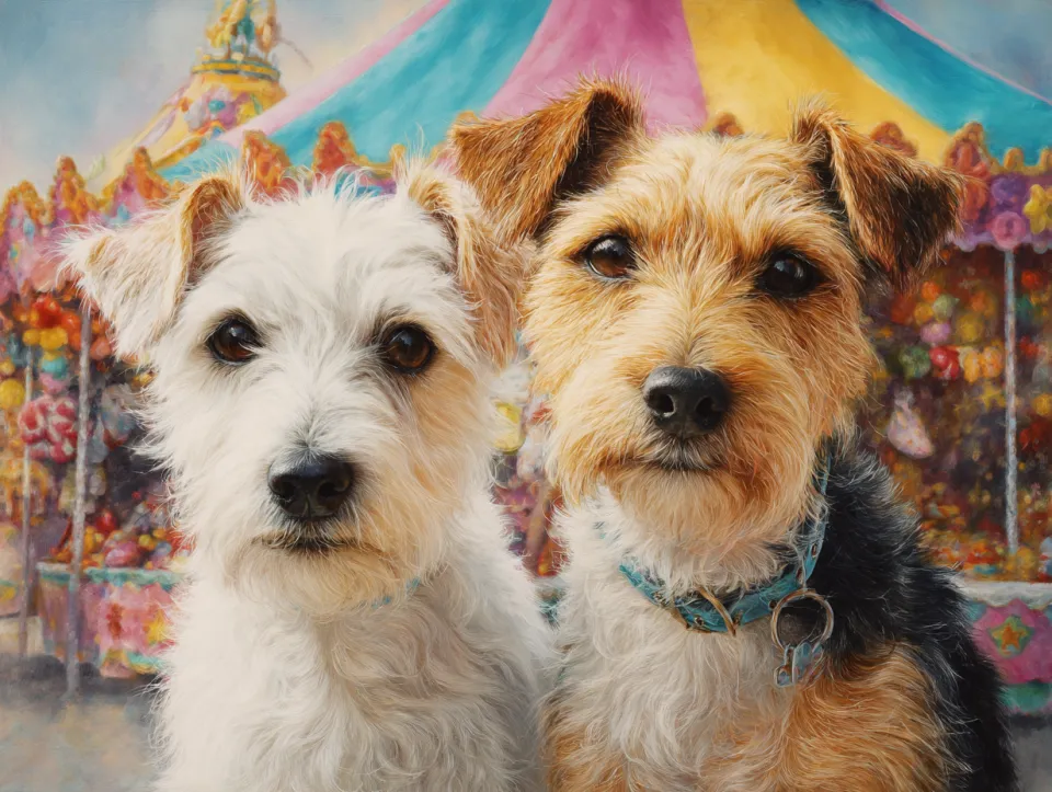 Two small dogs at the center of the painting against a vibrant carnival background