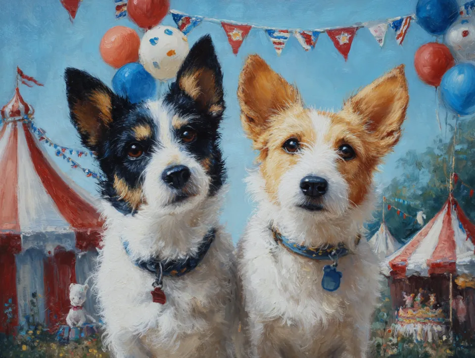 Dos perros frente a una divertida feria con globos y banderines