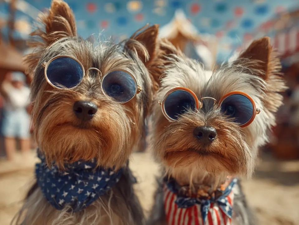 Dos yorkshire terriers con gafas en un fondo festivo