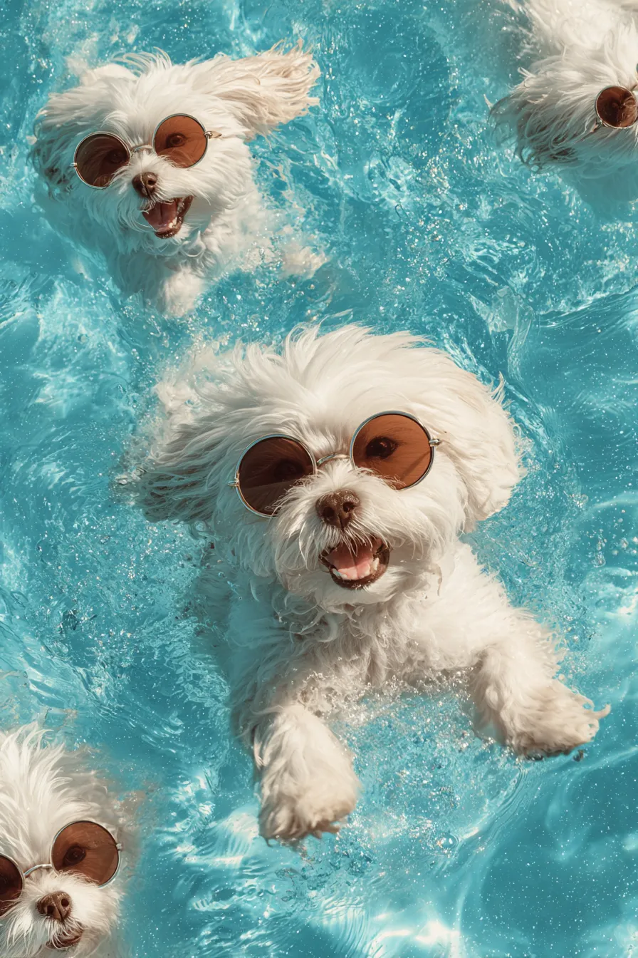 Dogs swimming in the pool wearing stylish sunglasses