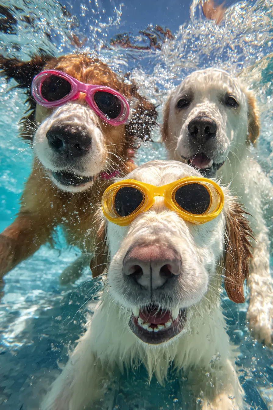 Tres perros con gafas de natación juegan bajo el agua y se divierten