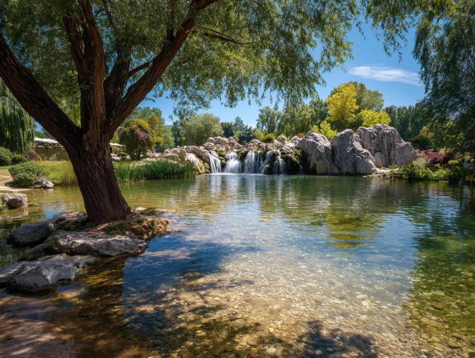 Hermosa escena de una cascada y árboles junto a un estanque