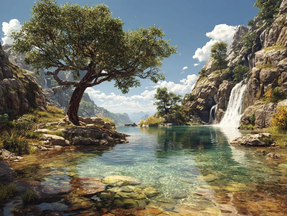 A narrow mountain river with a waterfall surrounded by trees and rocks