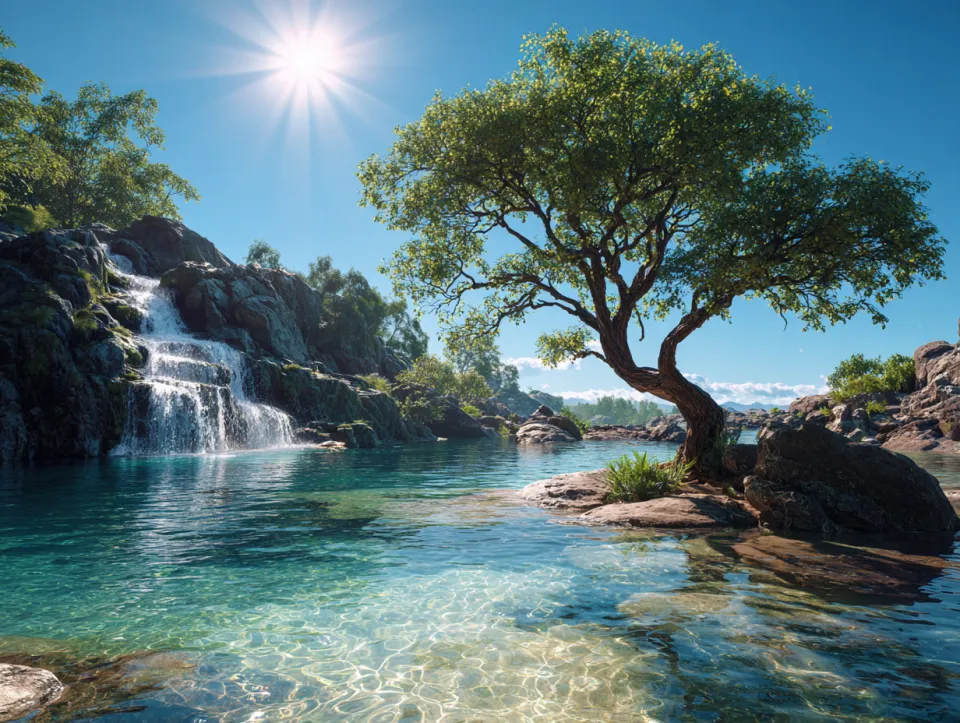 Vista de una pintoresca cascada y un lago transparente bajo la luz brillante del sol