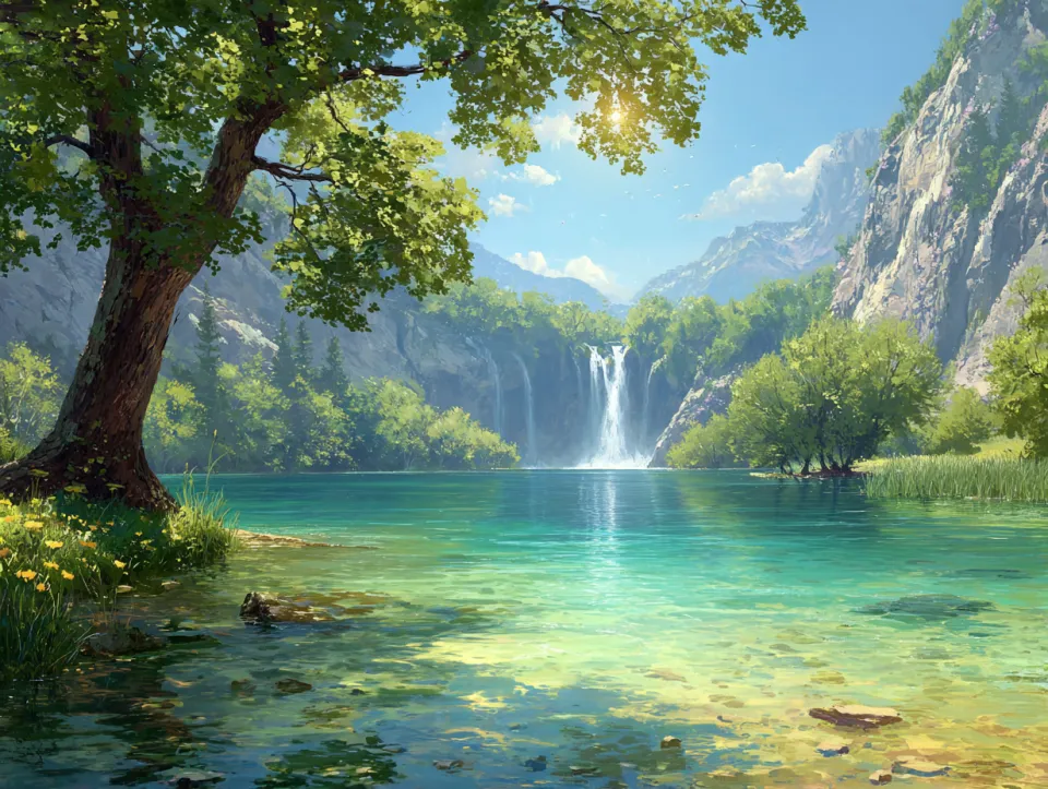 Paisaje asombroso con una cascada y un bosque en las montañas