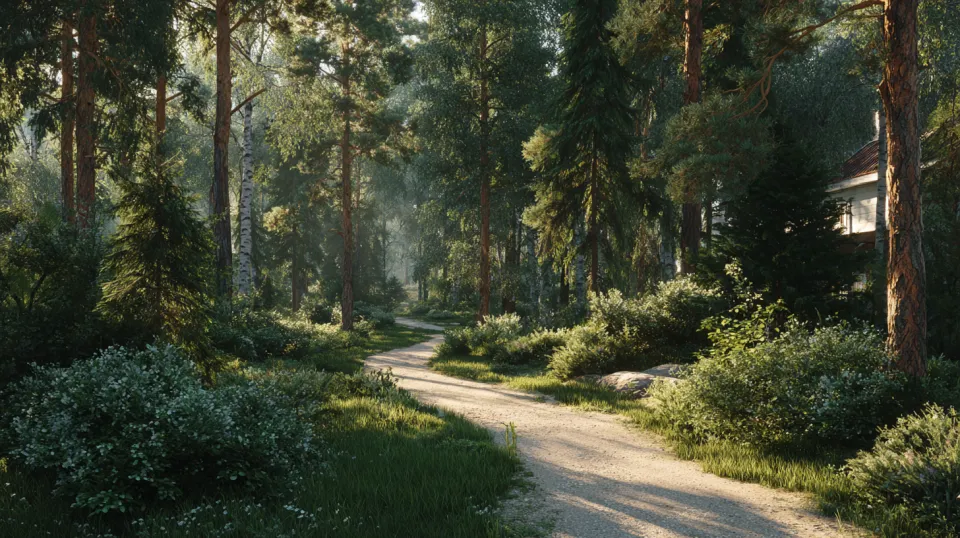 Un acogedor sendero que conduce a una espesura forestal con árboles vibrantes
