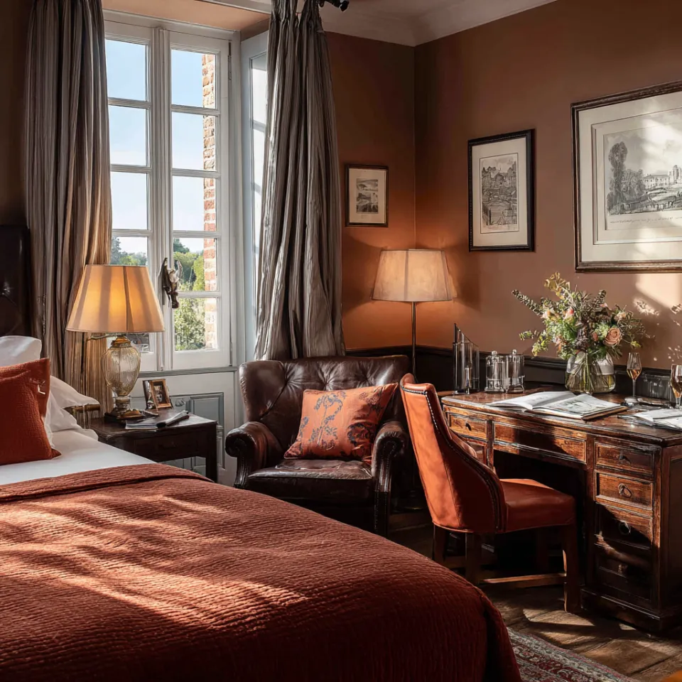 Interior elegante de dormitorio con zona de trabajo y área de descanso acogedora