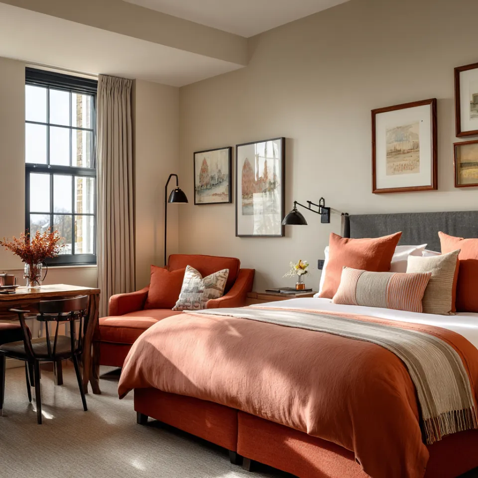 Habitación de dormitorio luminosa con muebles suaves y decoraciones acogedoras