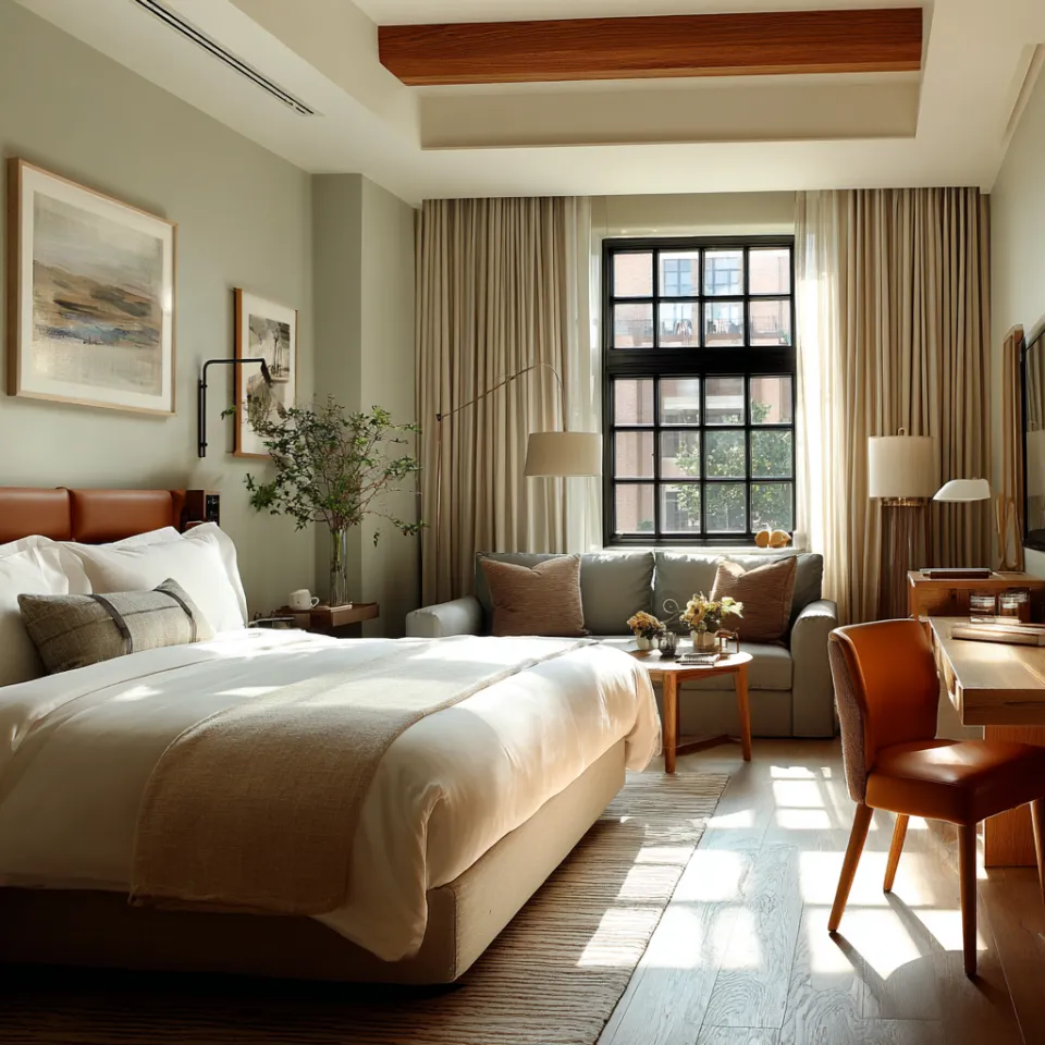 Bedroom with queen-size bed, sofa, and large windows
