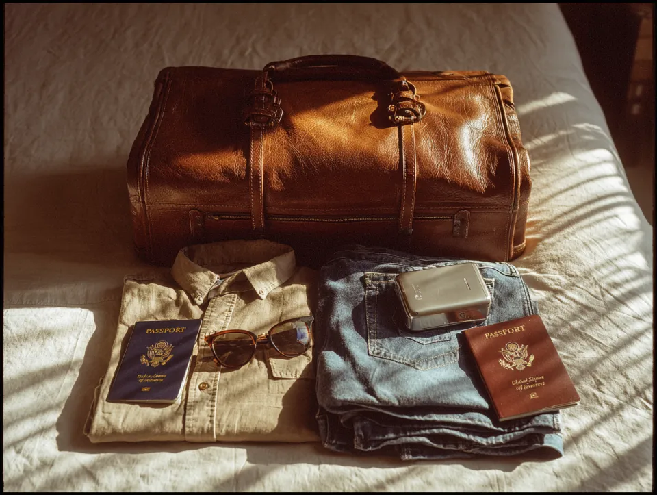 Bolsa con ropa y documentos para un viaje de vacaciones
