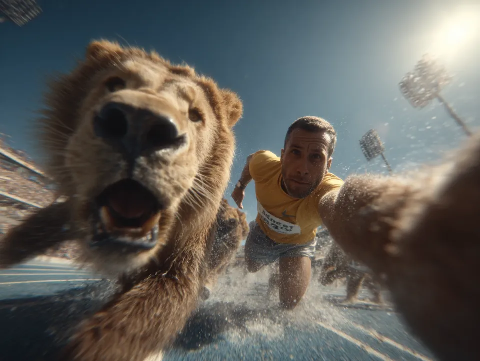 Persona con camiseta amarilla corriendo entre una multitud de leones en un estadio