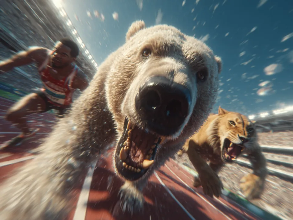A person competing with a bear and a lioness on a running track