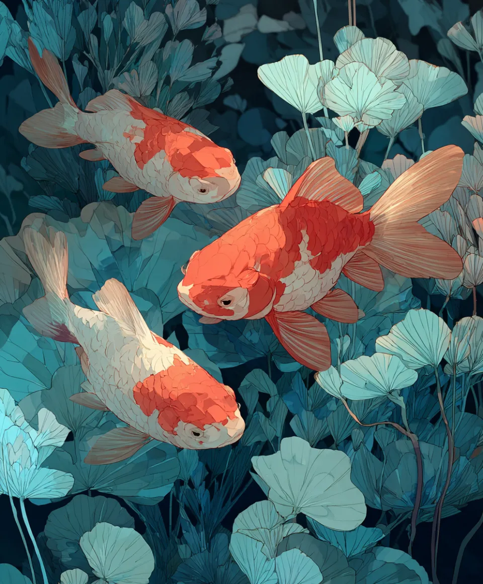 Peces dorados nadando entre algas y plantas acuáticas