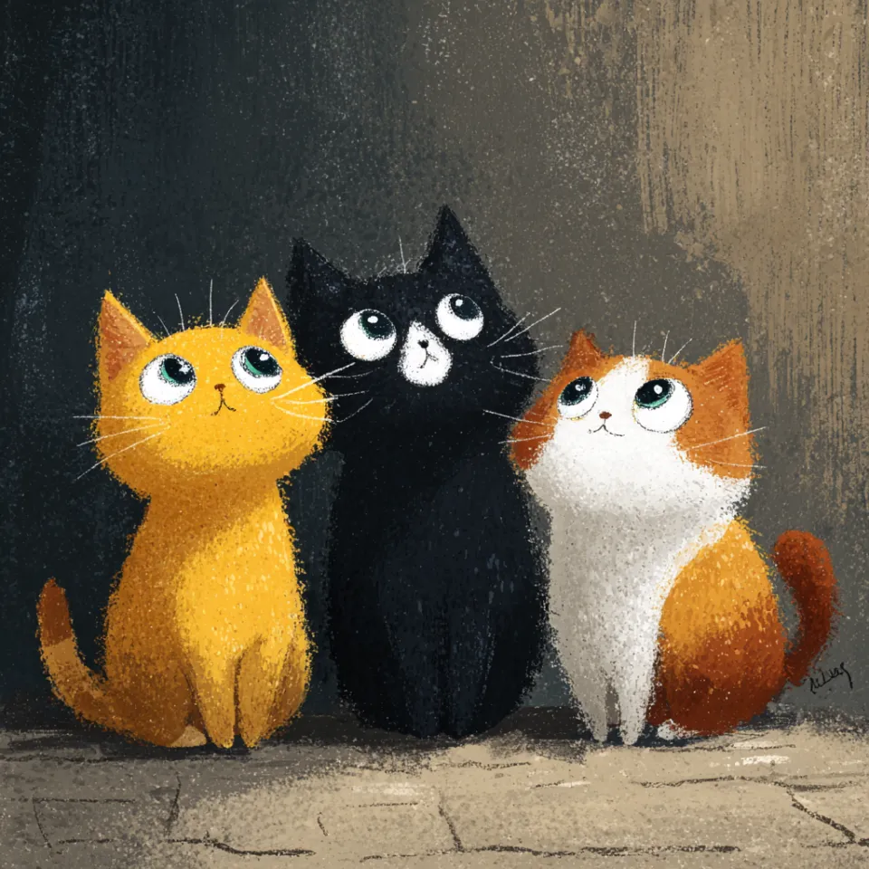 Solid-colored kittens of different shades looking up with curiosity