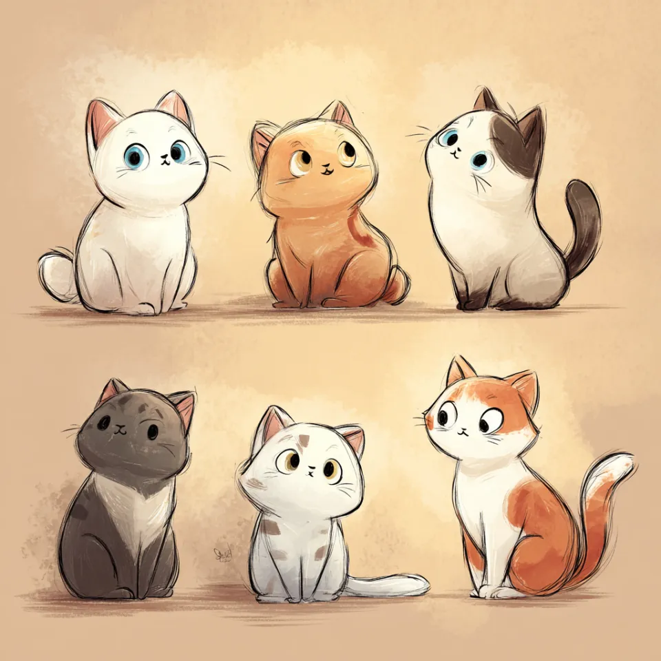 Six adorable kittens of different colors sitting against a solid background