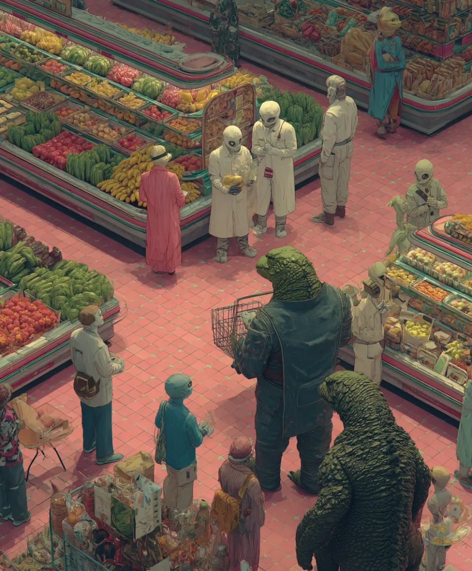 Escena en el supermercado con criaturas gigantes entre personas y frutas