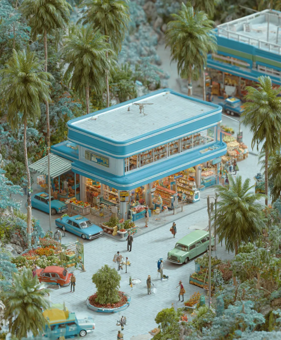 Mercado tropical con frutas y verduras, rodeado de palmeras verdes