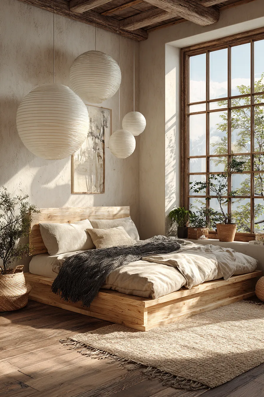 Acogedor dormitorio con cama de madera, textiles y lámparas colgantes