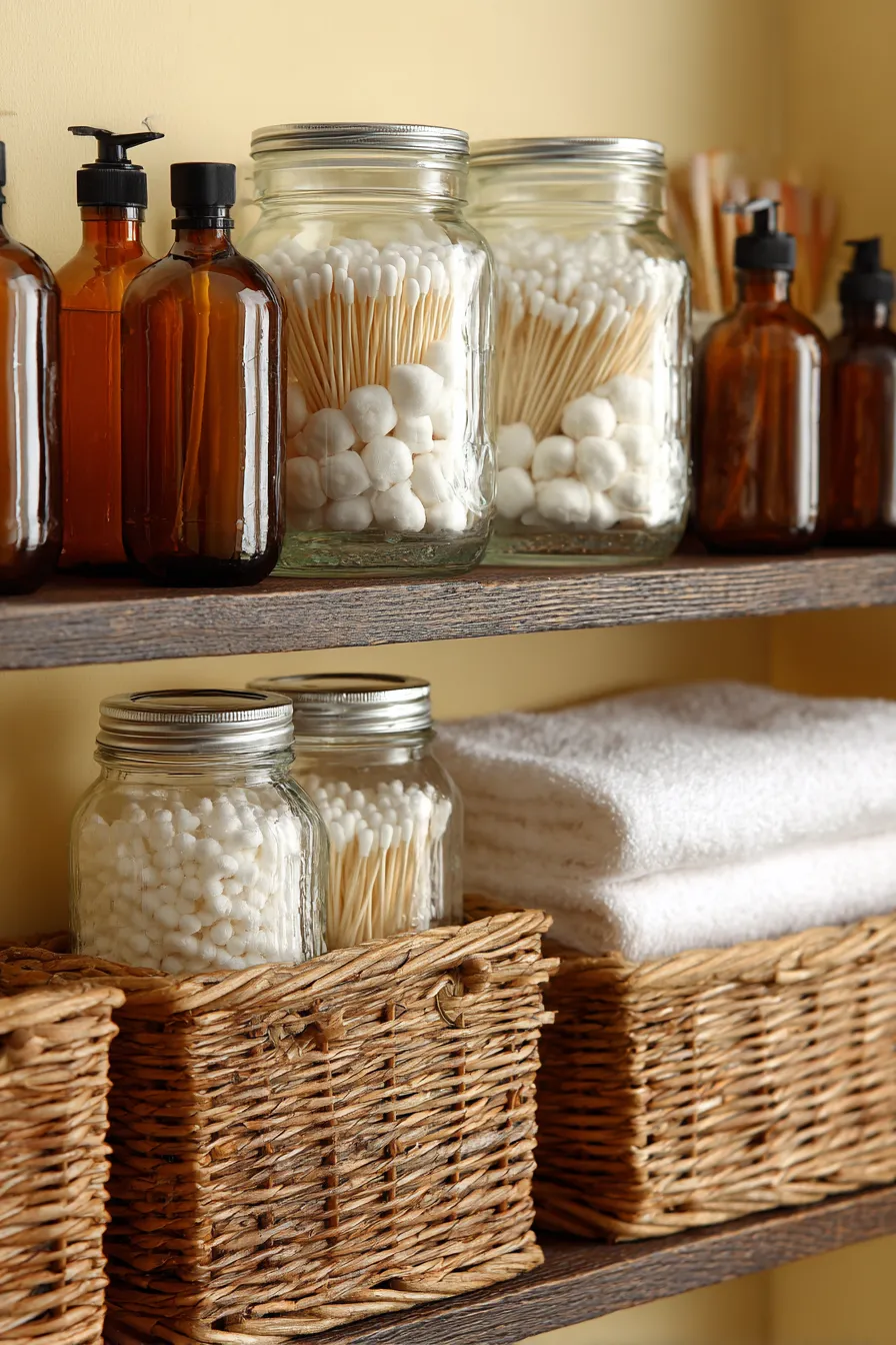 Organized toiletries and cosmetics on a wooden shelf